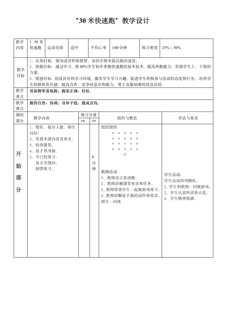 人教版一至二年级体育与健康 4.2跑与游戏 30米快速跑  教案（表格式）.doc第1页