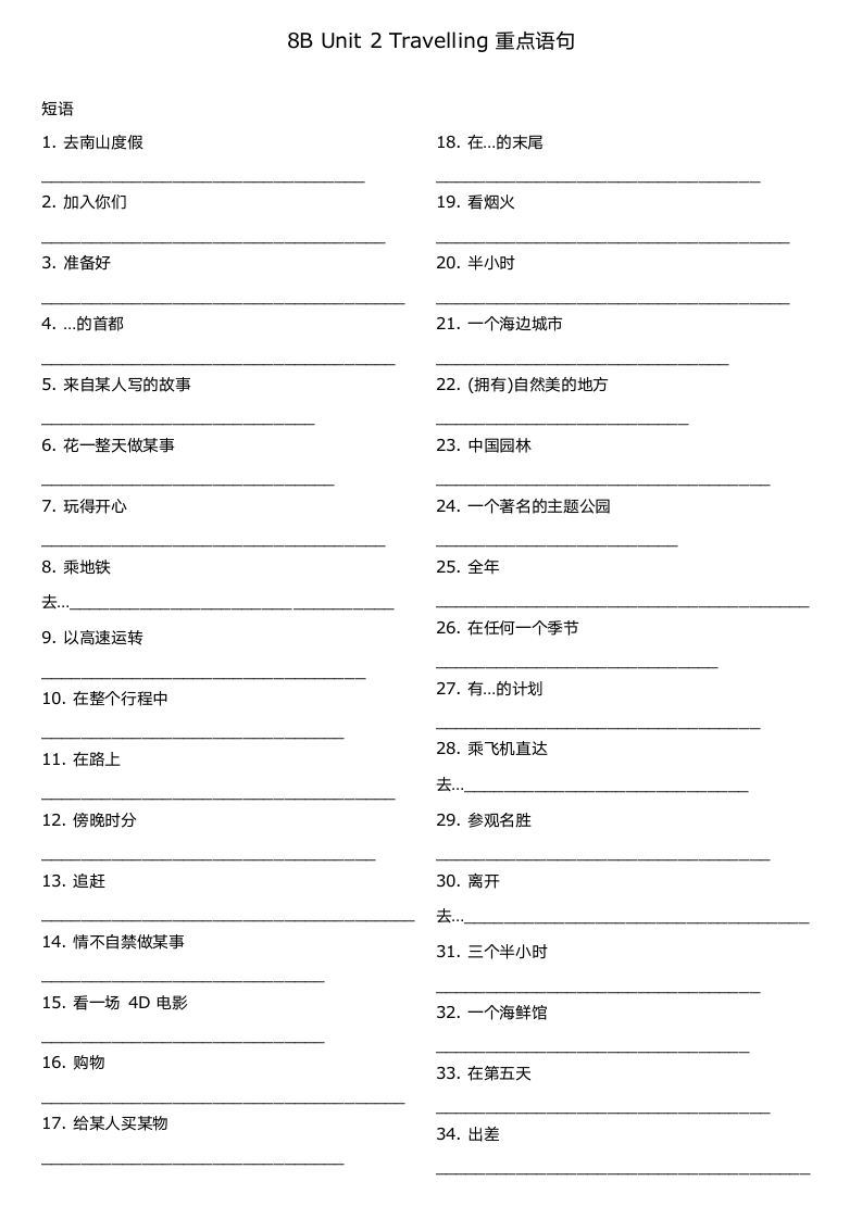 牛津译林版八年级下册Unit 2 Travelling重点短语和句子默写（含答案）.doc第1页