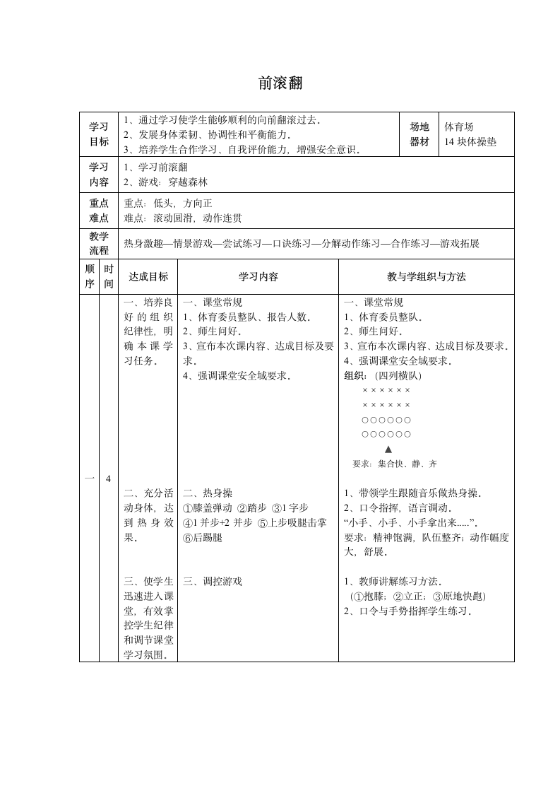 通用版一年级体育 前滚翻 教案.doc