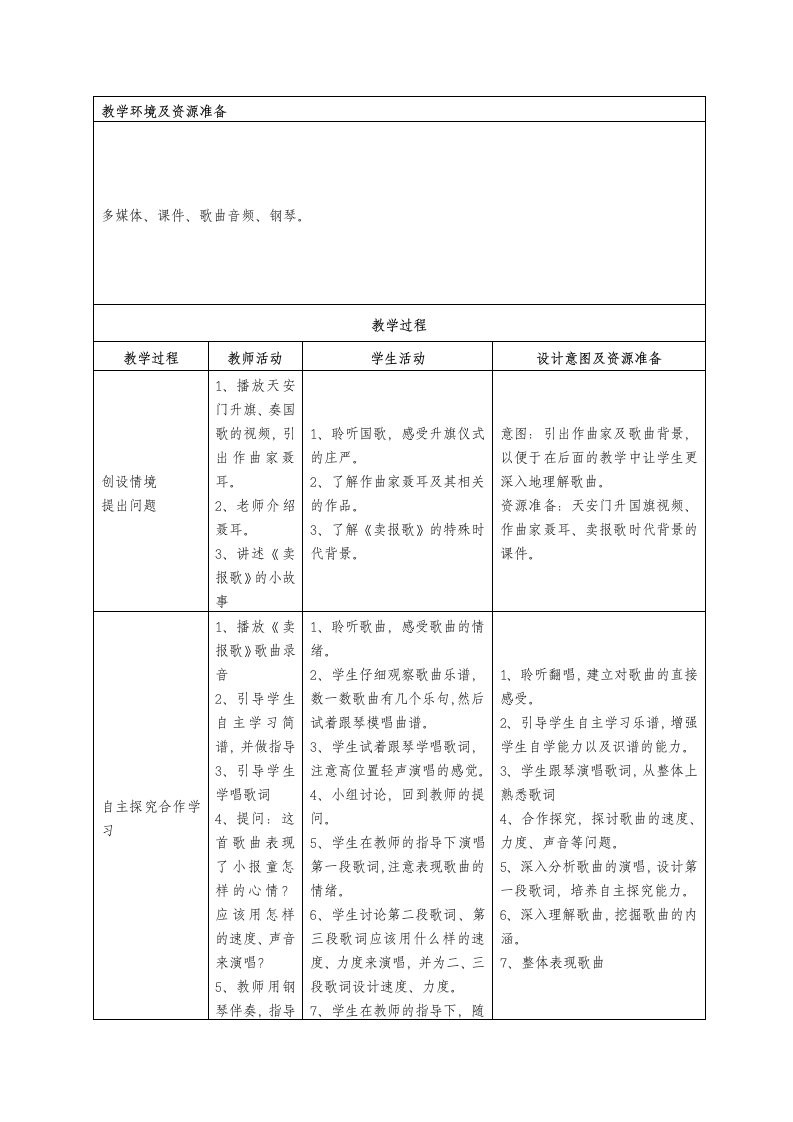 人教版  三年级下册音乐  第三单元 唱歌 卖报歌 教案（表格式）.doc第2页