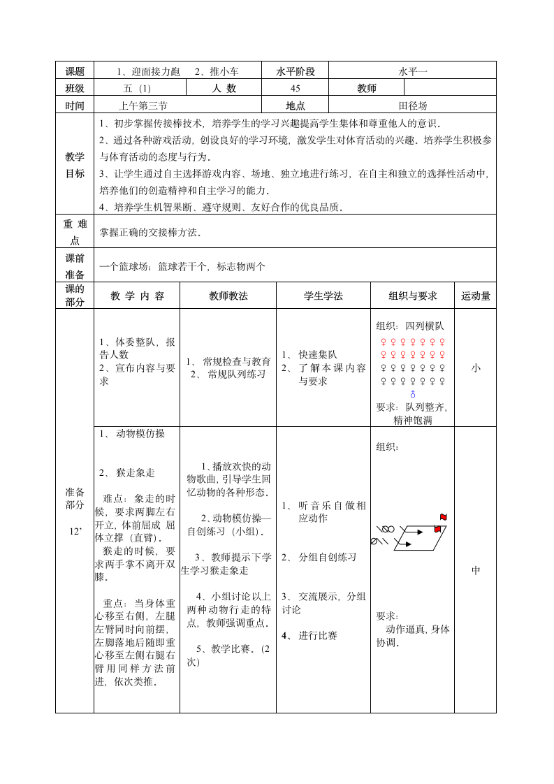 体育与健康人教版五年级-迎面接力跑与游戏教案.doc第1页