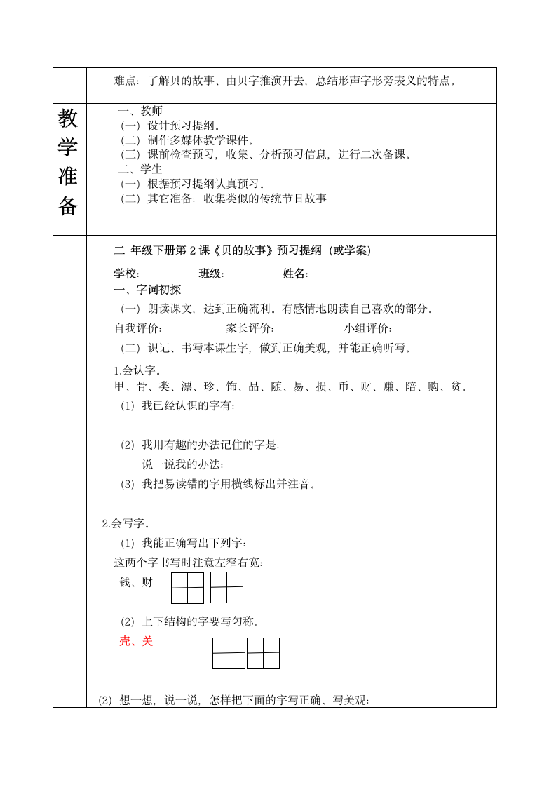 人教部编版二年级下册语文教案-识字3.贝的故事   （表格式）.doc第2页