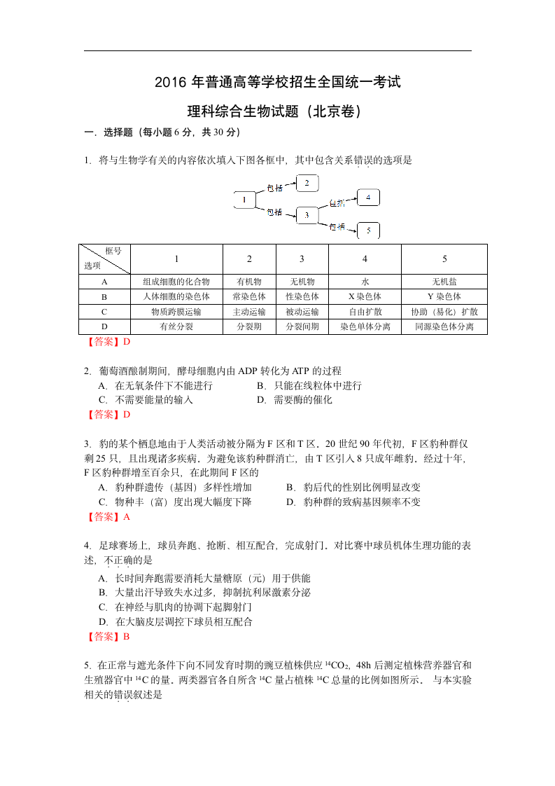 2016高考生物-北京卷及答案第1页