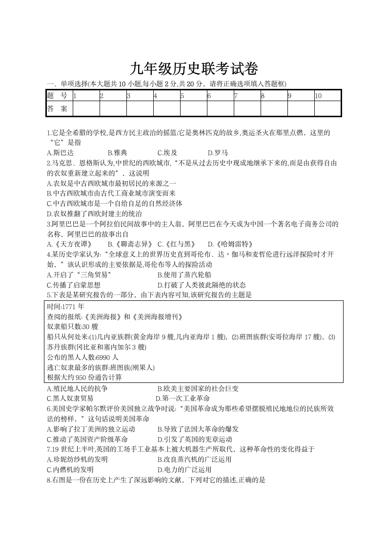 九年级历史联考试卷及答案第1页