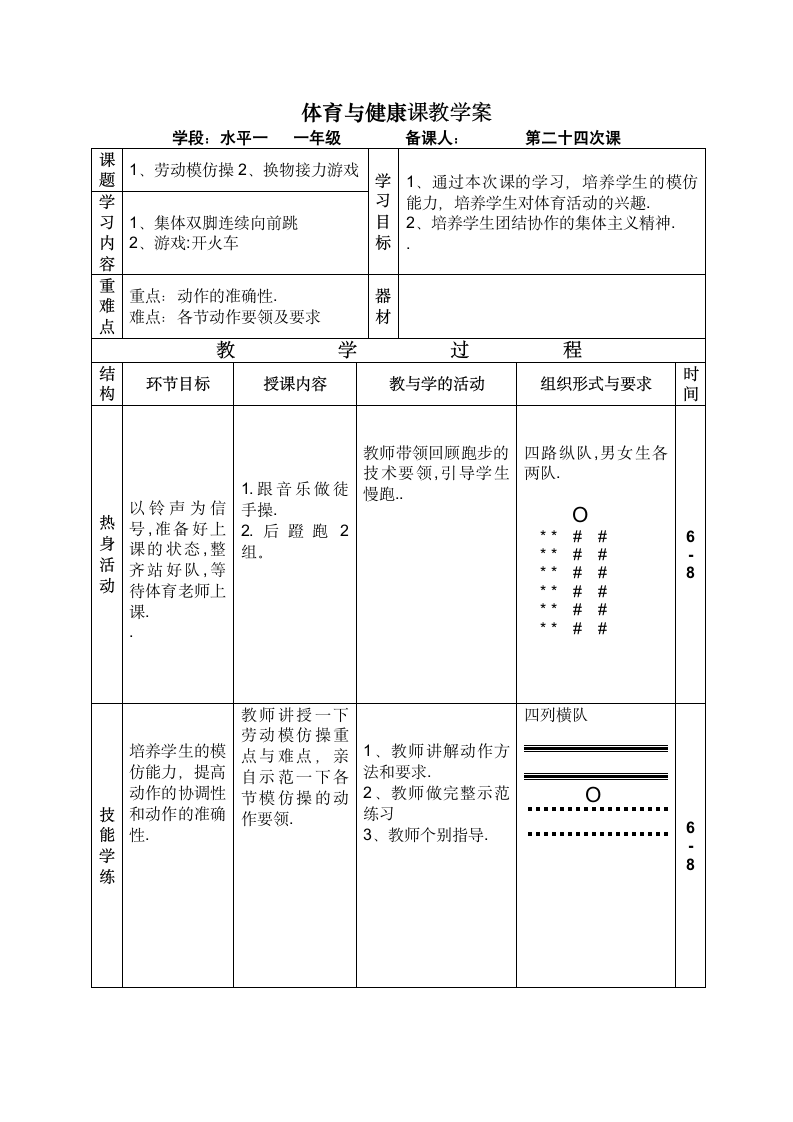 劳动模仿操及换物接力游戏（教案） 体育一年级上册.doc第1页