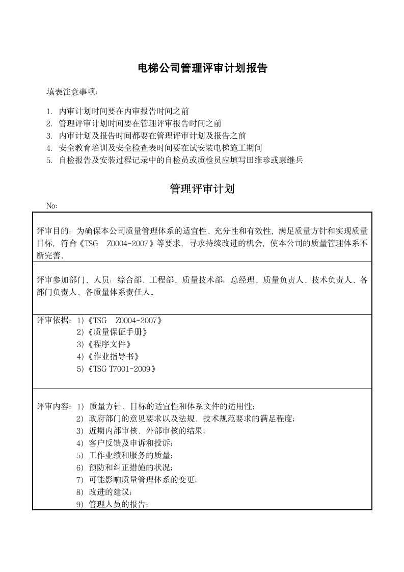 电梯公司管理评审计划报告.docx