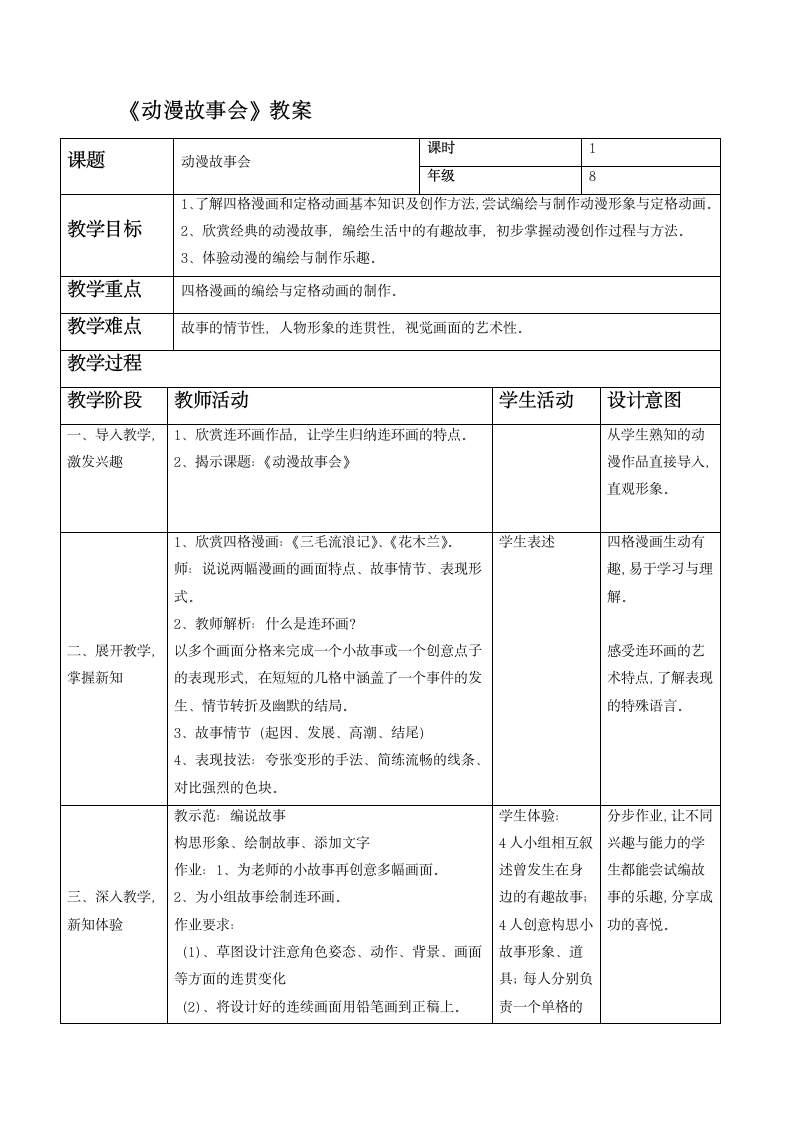 第5课动漫故事会教案 浙美版初中美术八年级上册（表格式）.doc