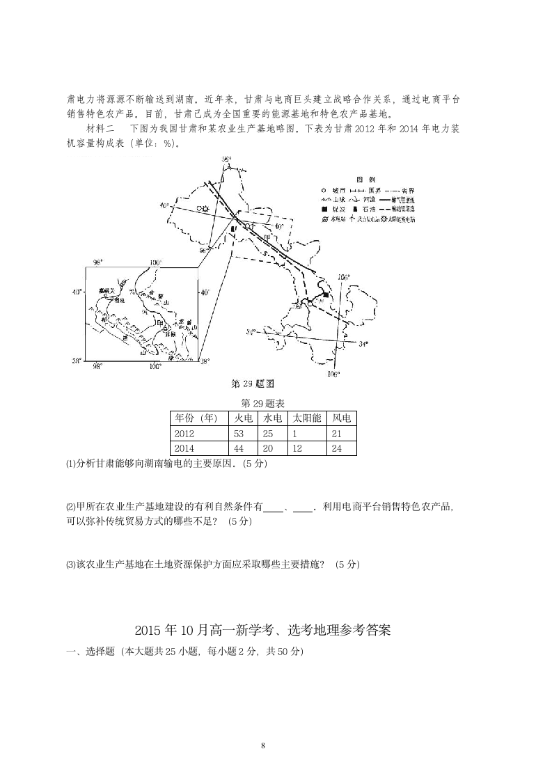 2015年10月浙江学考地理试题(学考+选考+答案)第8页