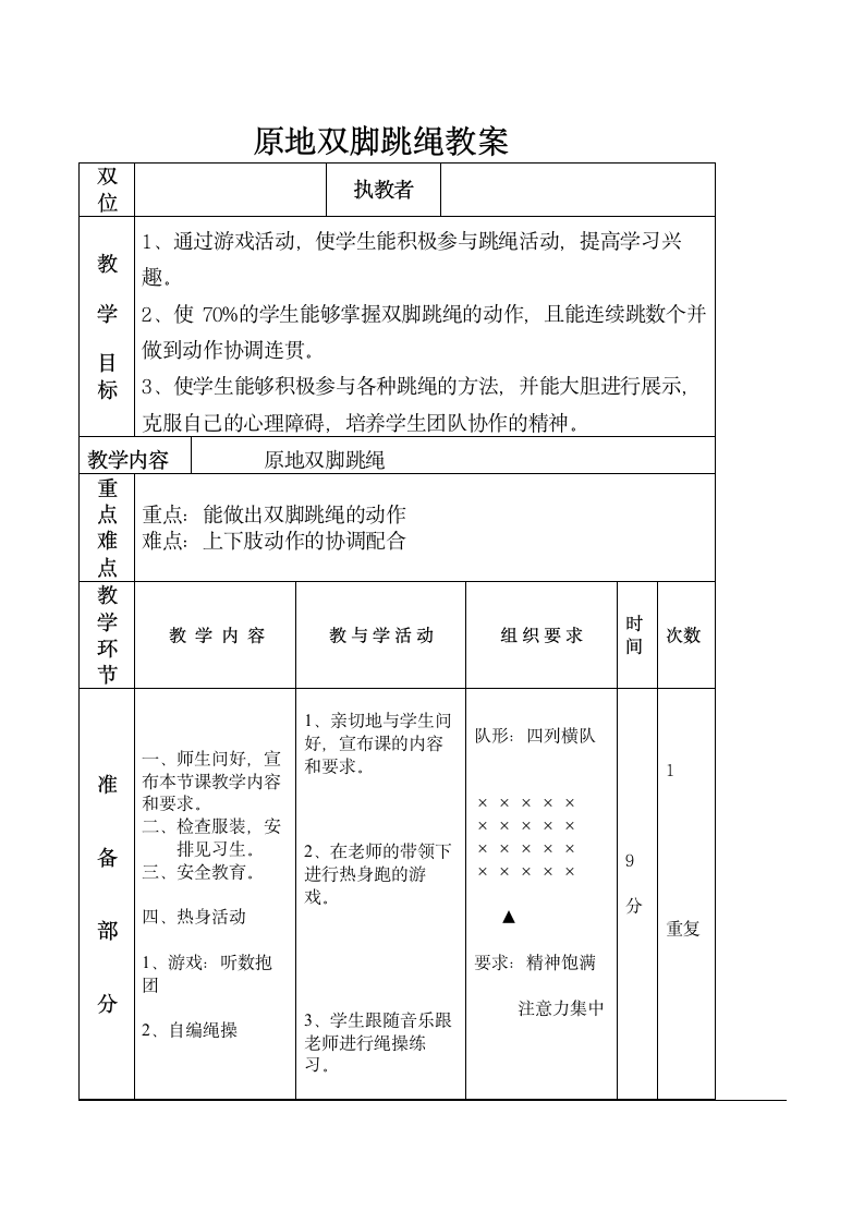 二年级体育原地双脚跳绳 教案 全国通用.doc