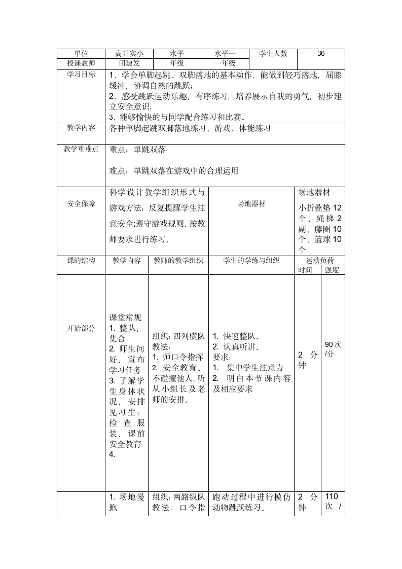 跳跃与游戏（教案） 体育一年级下册（表格式）.doc第4页