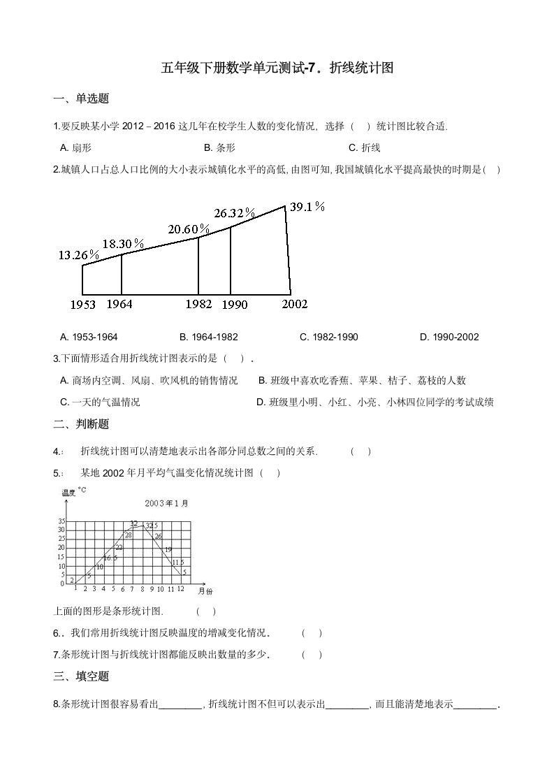 五年级下册数学单元测试 7.折线统计图 冀教版（含答案）.doc第1页