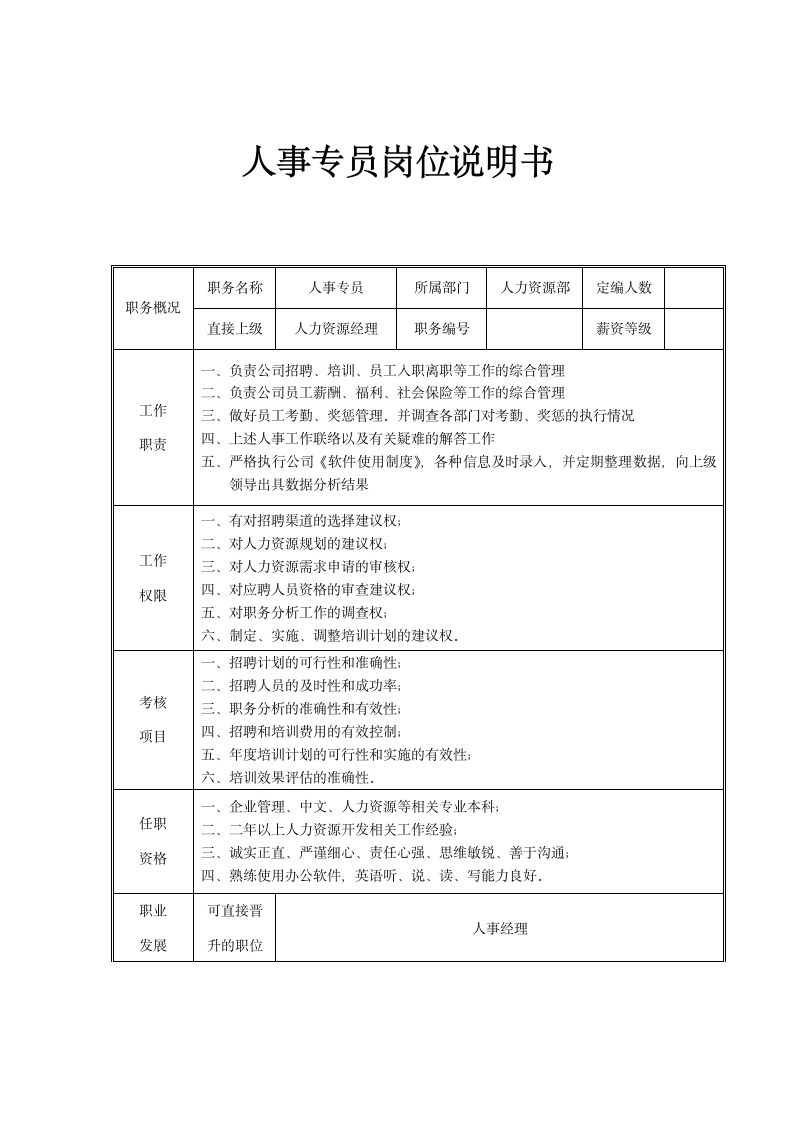 人事专员岗位说明书.doc