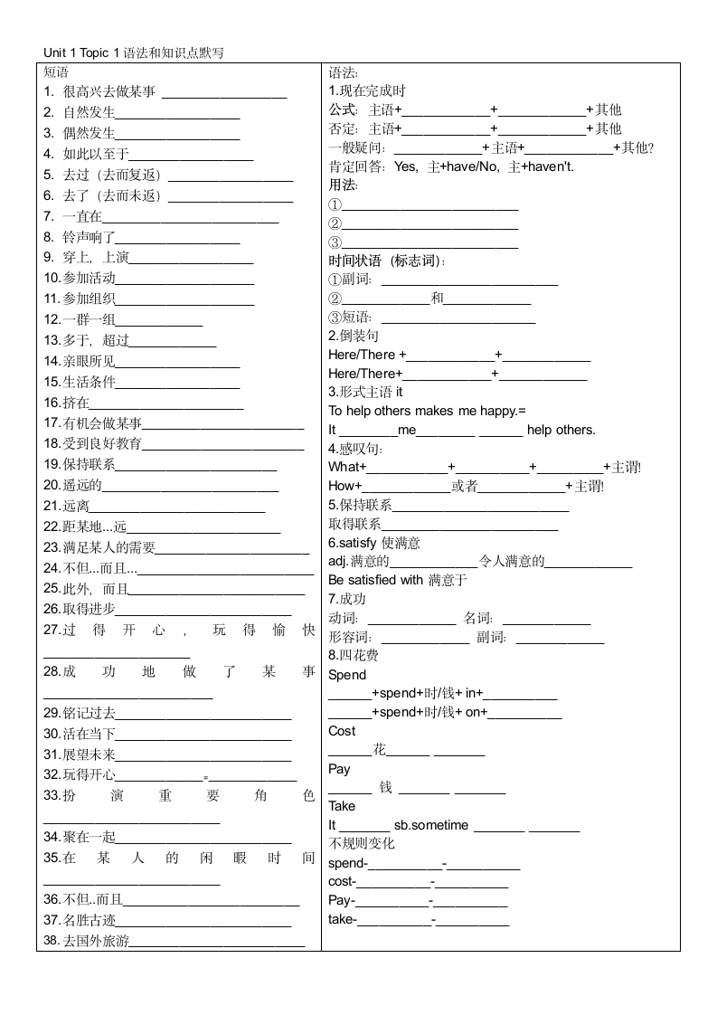 仁爱版九年级上册 Unit 1 The Changing World Topic 1语法和短语默写（无答案）.doc