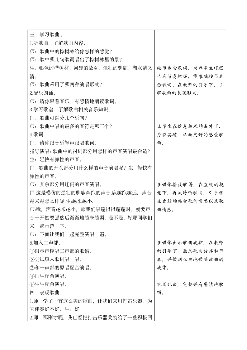 苏少版   五年级下册音乐教案 第二单元 银色的桦树林（表格式）.doc第2页