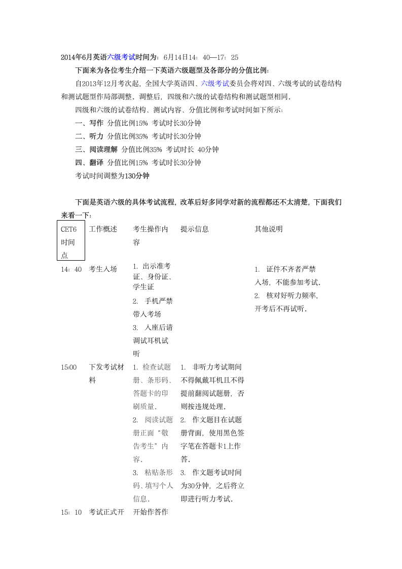 2014年6月英语六级考试时间与流程第1页