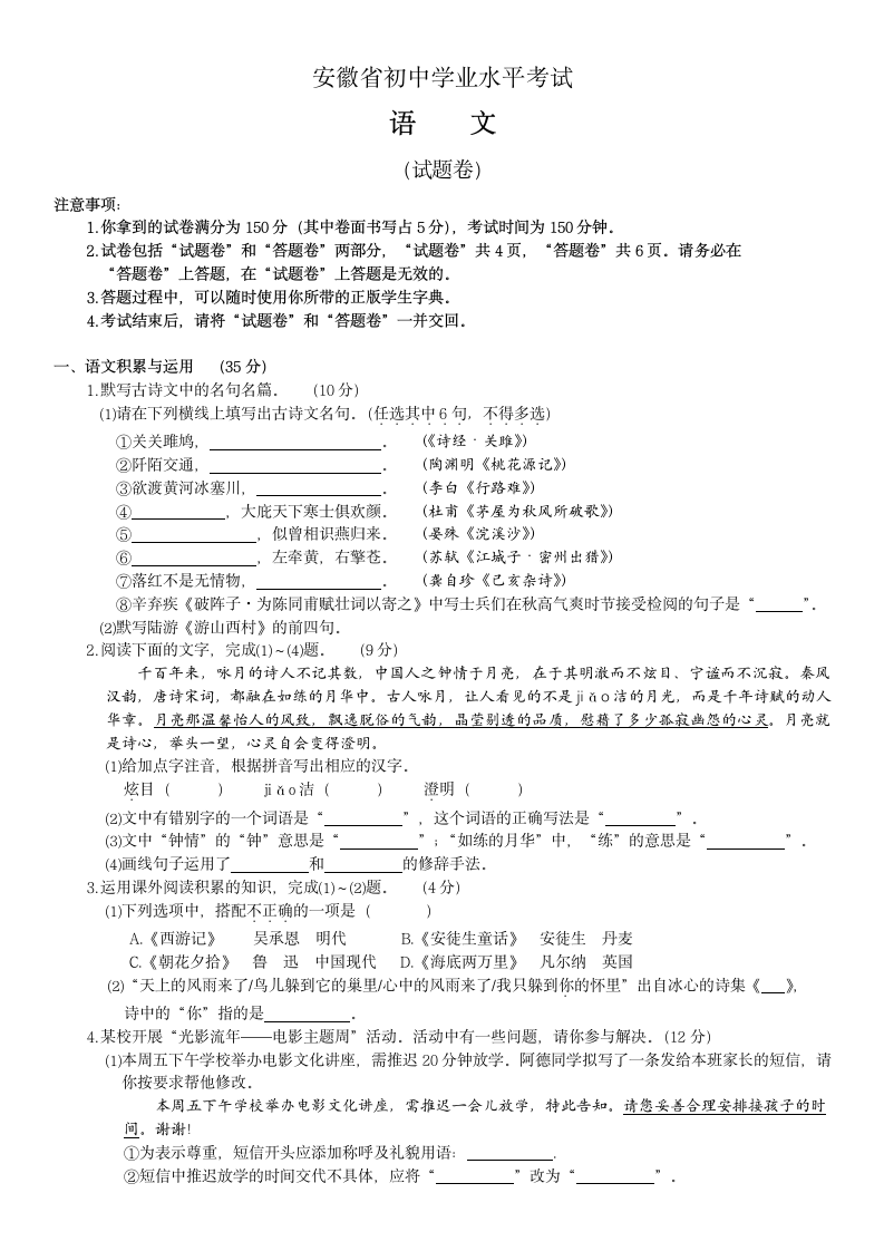 初中学业水平考试语文试卷.docx第1页