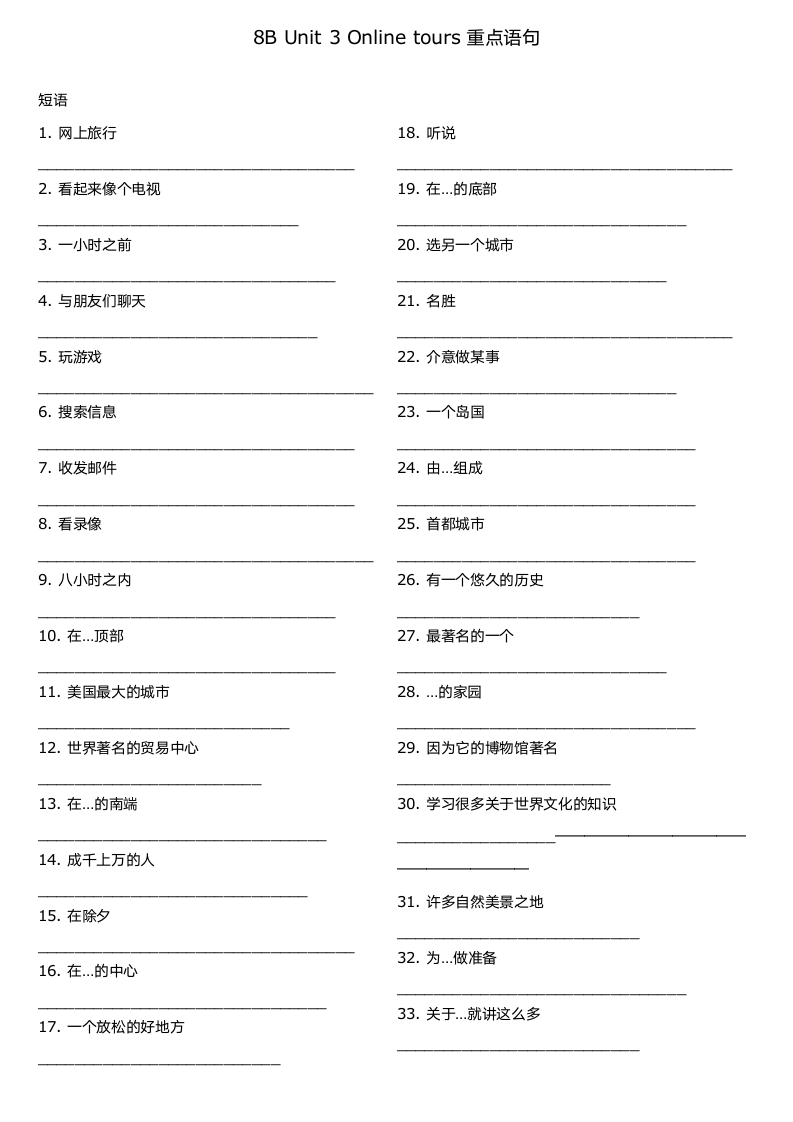 牛津译林版八年级下册Unit 3 Online tours重点短语和句子默写（含答案）.doc第1页