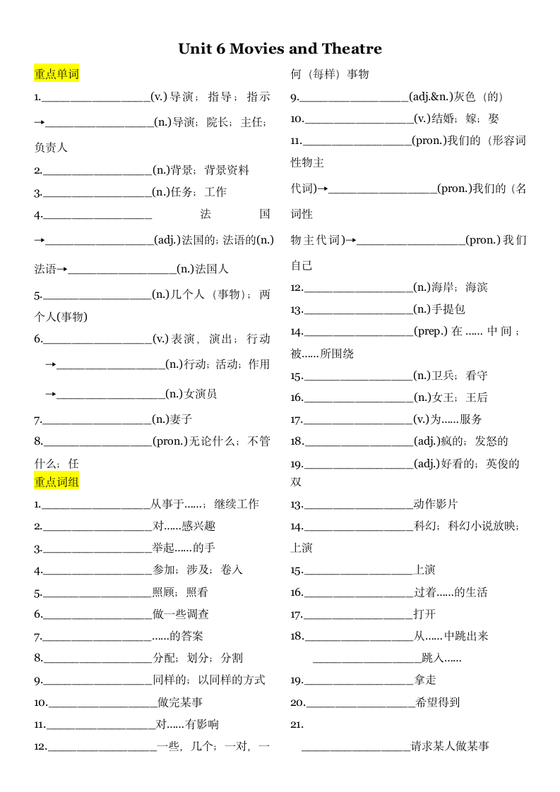 冀教版英语九年级Unit 6 Movies and Theater单词短语预习复习单（无答案）.doc第1页