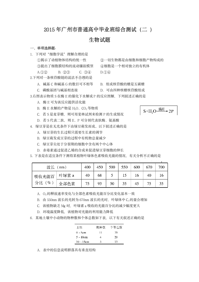 2015广州二模生物试题第1页