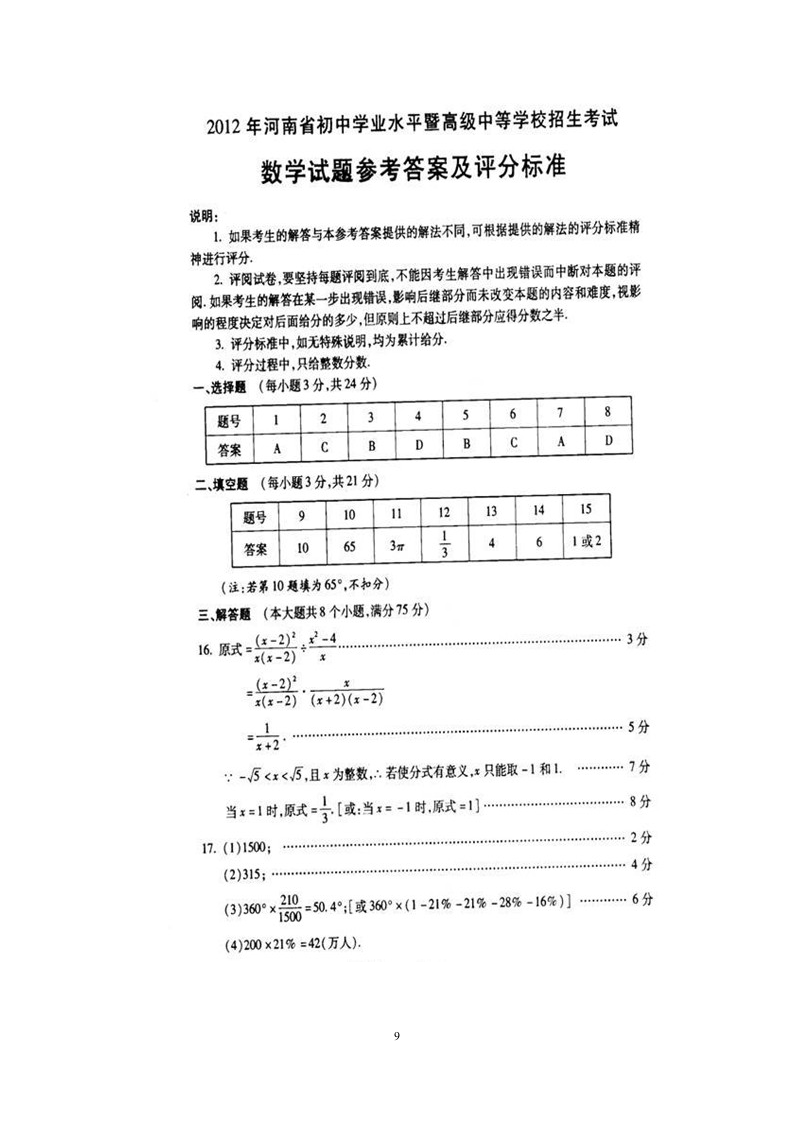 2012年河南中招数学试题及答案第9页