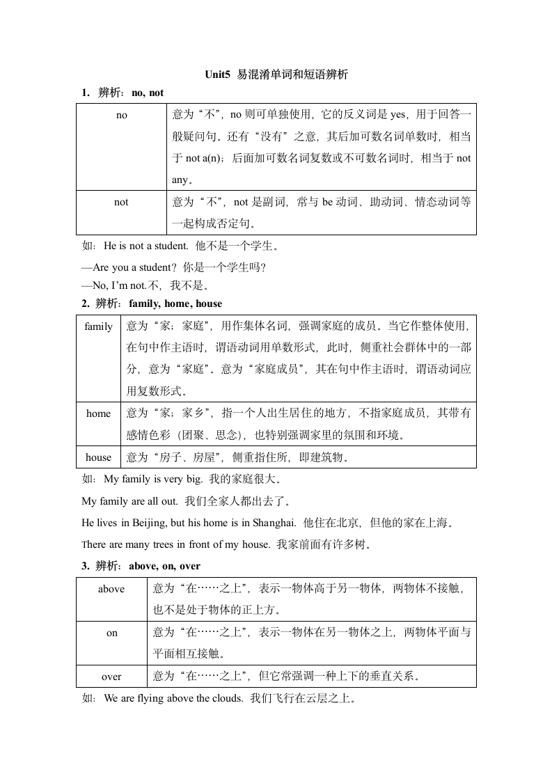 冀教版英语七年级上册 Unit 5 Family and Home. 易混淆单词和短语辨析 学案.doc