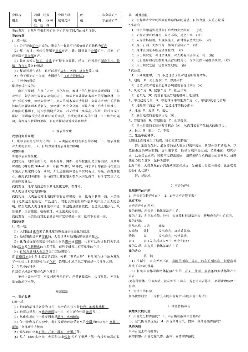 五年级上册科学基础训练答案第2页