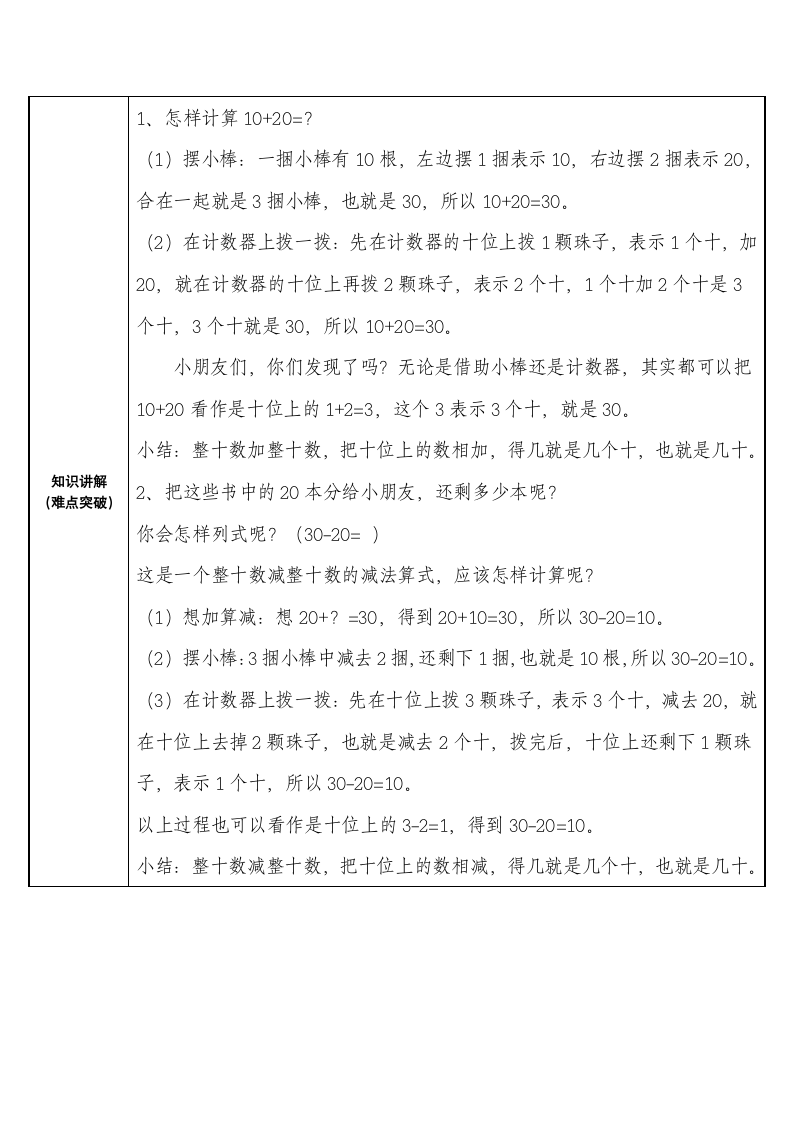 人教版小学数学一年级下册 1. 整十数加、减整十数  教案 （表格式）.doc第2页