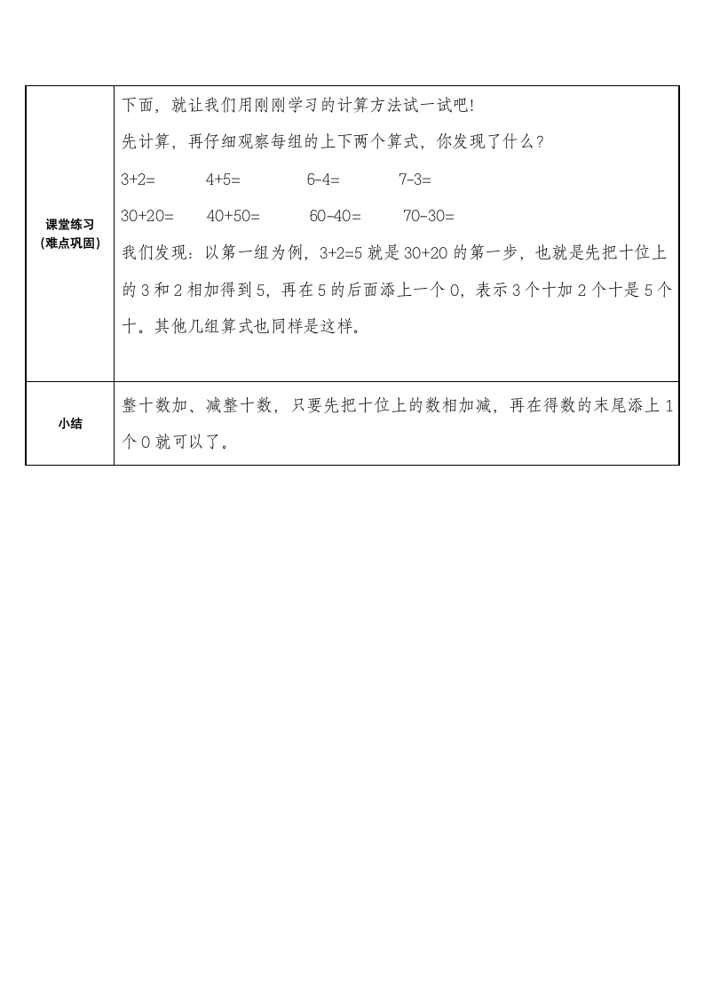 人教版小学数学一年级下册 1. 整十数加、减整十数  教案 （表格式）.doc第3页