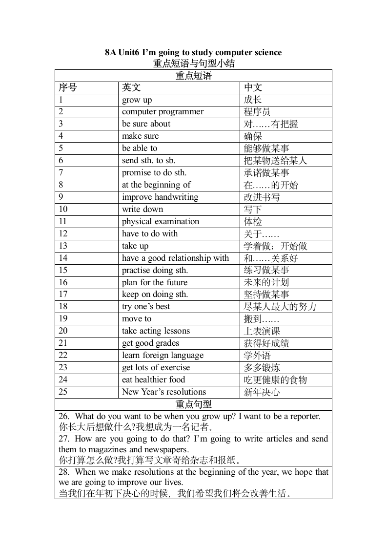 Unit 6 I am going to study computer science重点短语与句型小结与练习（无答案）.doc