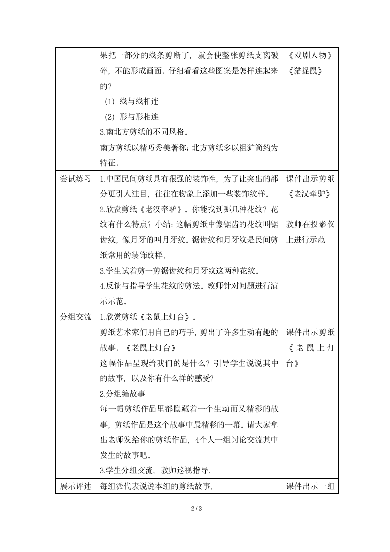 湖南美术出版社小学四年级美术下册第7课 剪纸故事精品教案（活动一）（表格式）.doc第2页