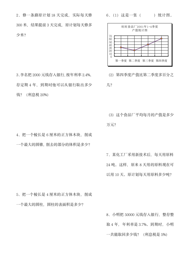 期末计算、应用题专项练习（试题） 数学六年级下册（无答案）人教版.doc第2页