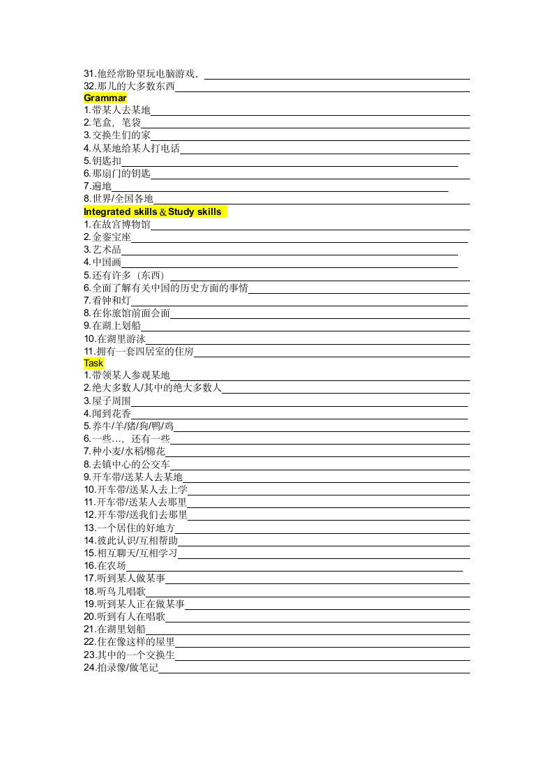 牛津译林版七年级英语下册 Unit 3 Welcome to Sunshine Town 短语句型默写（含答案）.doc第2页