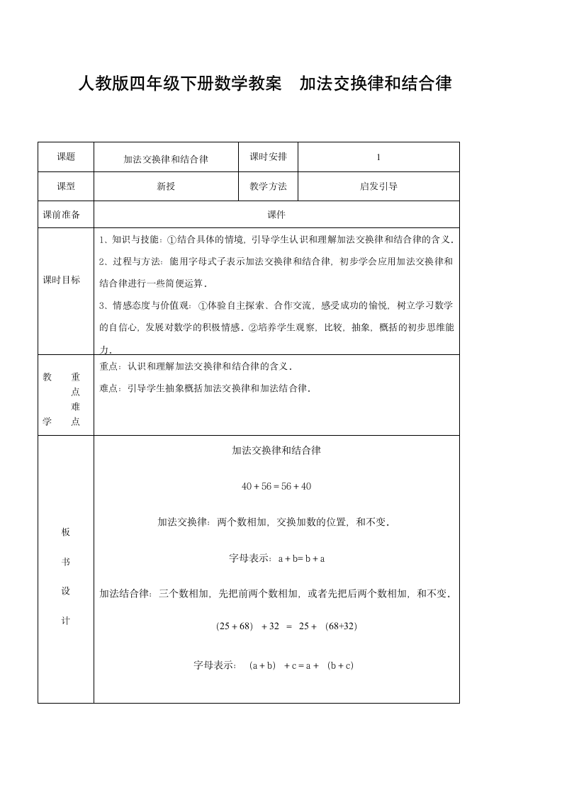 人教版四年级下册数学表格式教案加法交换律和结合律.doc第1页