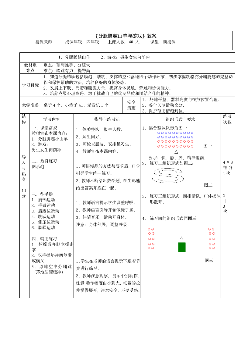 分腿腾越山羊与游戏（教案） （表格式）体育四年级上册.doc第1页