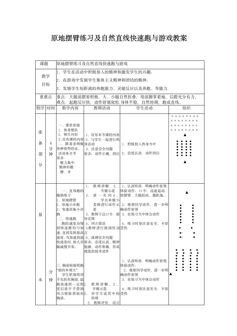 一年级体育 原地摆臂练习及自然直线快速跑与游戏教案教学设计.doc第1页