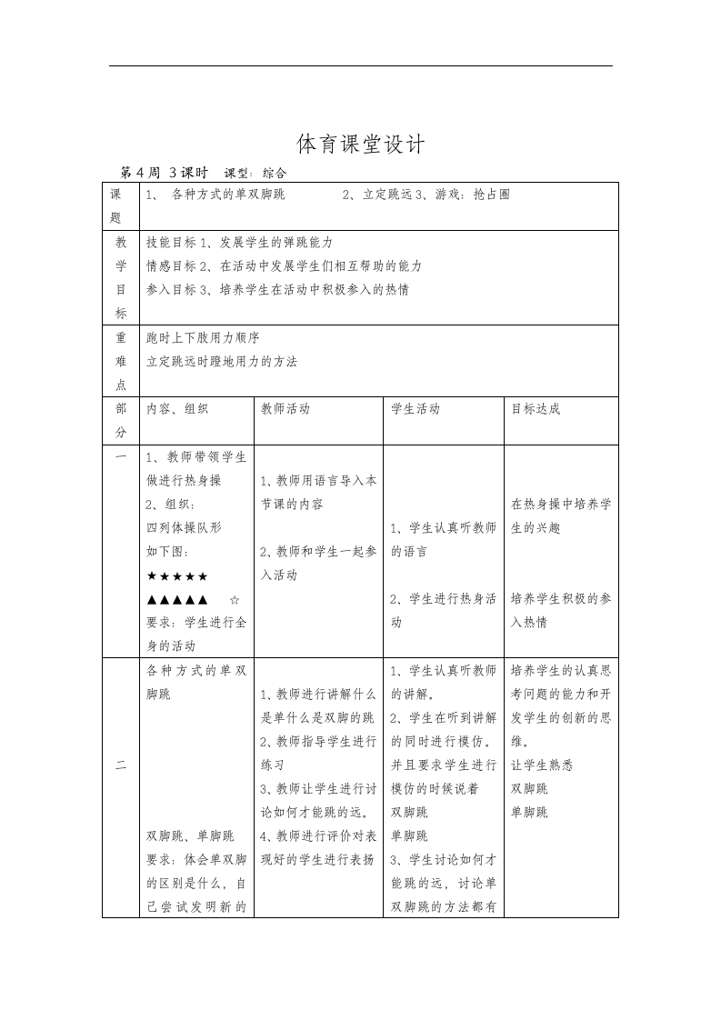 一年级下学期 体育与健康第4周 3课时  各种方式的单双脚跳         2、立定跳远3、游戏：抢占圈  教案.doc第1页