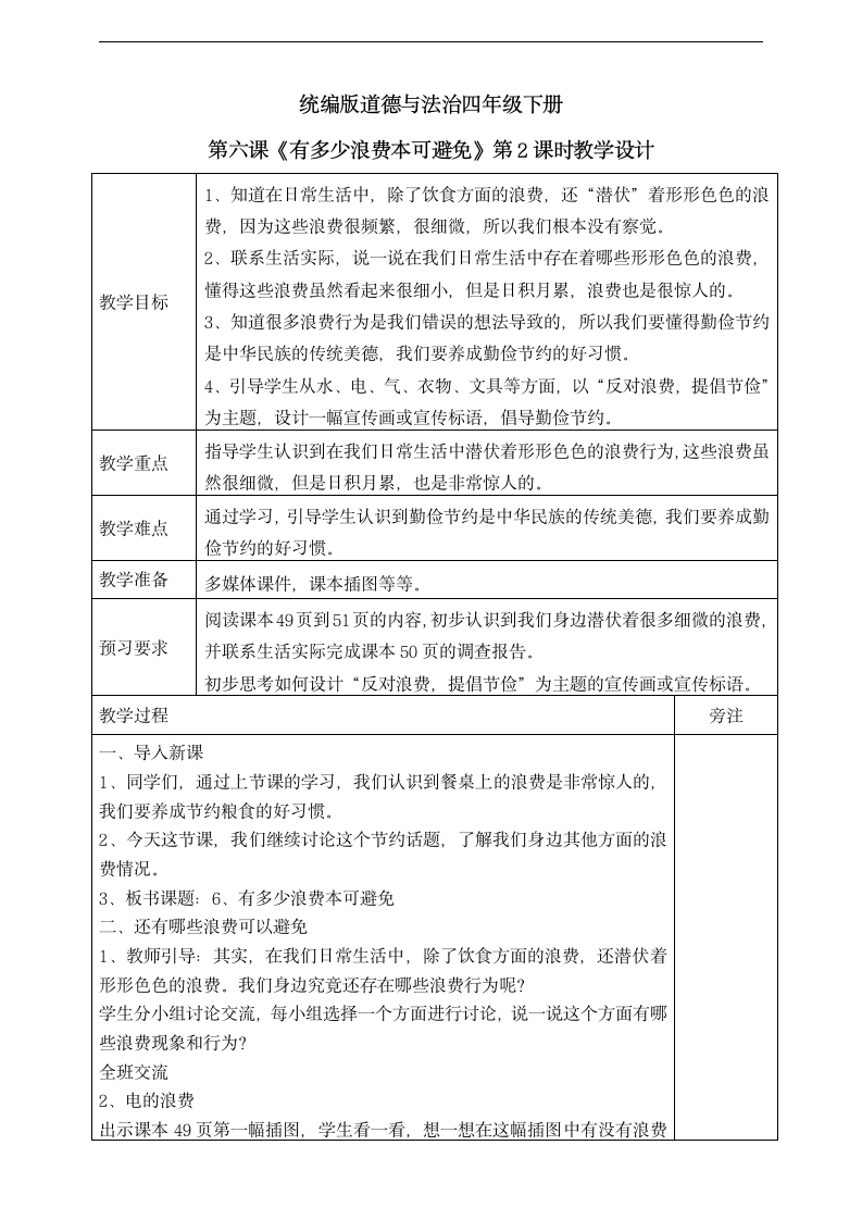 小学品德与社会人教部编版四年级下册《6.有多少浪费本可避免第二课时》教案.docx第1页