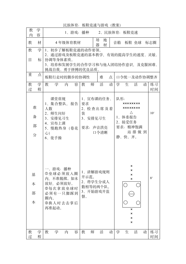 民族体育：板鞋竞速与游戏（教案）（表格式） 体育四年级上册.doc第1页