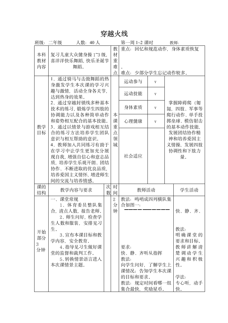 二年级体育穿越火线 教案 全国通用.doc第1页