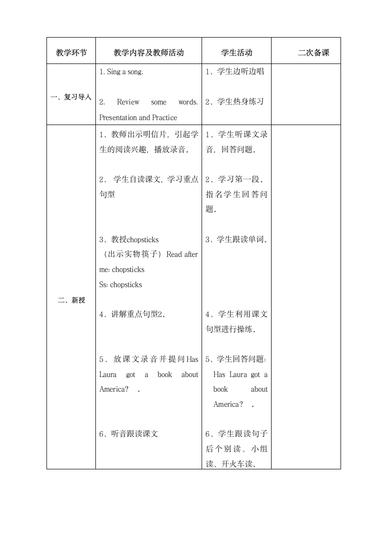 小学英语外研版(三年级起点)六年级上册Module 6表格教案 4个课时.doc第3页