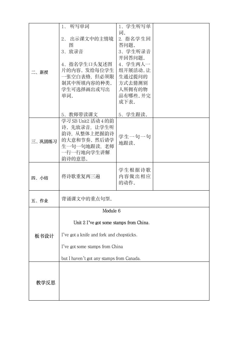 小学英语外研版(三年级起点)六年级上册Module 6表格教案 4个课时.doc第11页