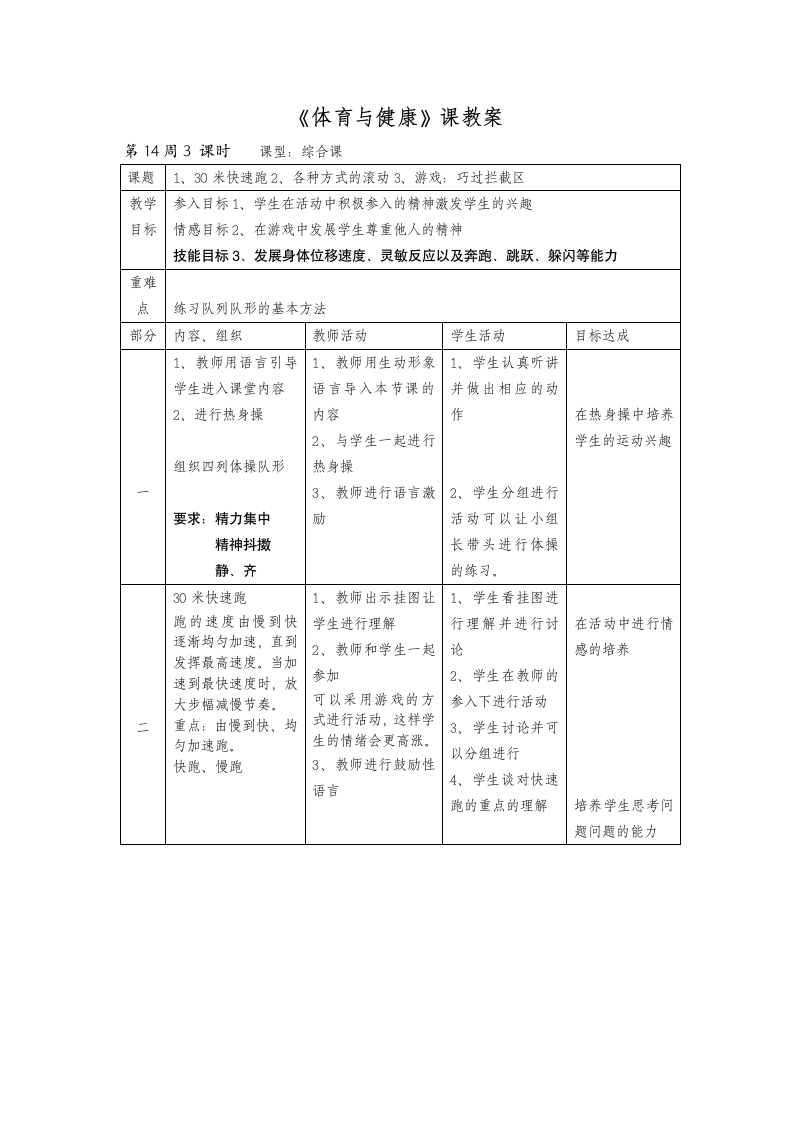 一年级下册体 体育与健康第14周3 课时1、30米快速跑2、各种方式的滚动3、游戏：巧过拦截区.doc第1页