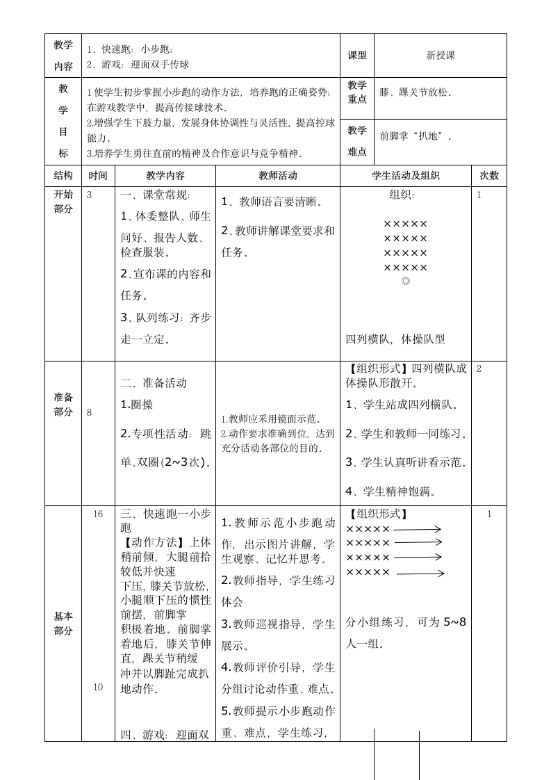 跑：小步跑；球类游戏（教案）（表格式）体育3-6年级.doc第1页