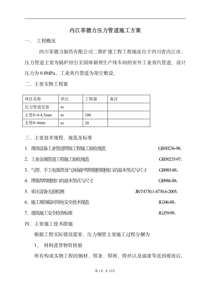 内江菲德力压力管道施工方案.doc第1页