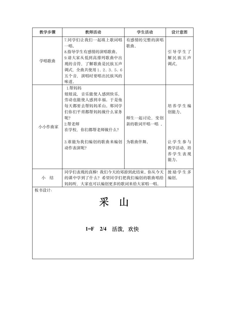 人教版  三年级下册音乐 第五单元 唱歌 采山｜教案(表格式).doc第2页