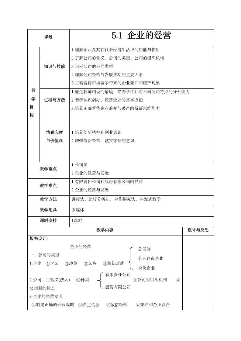 5.1 企业的经营 教学设计 (表格式).doc