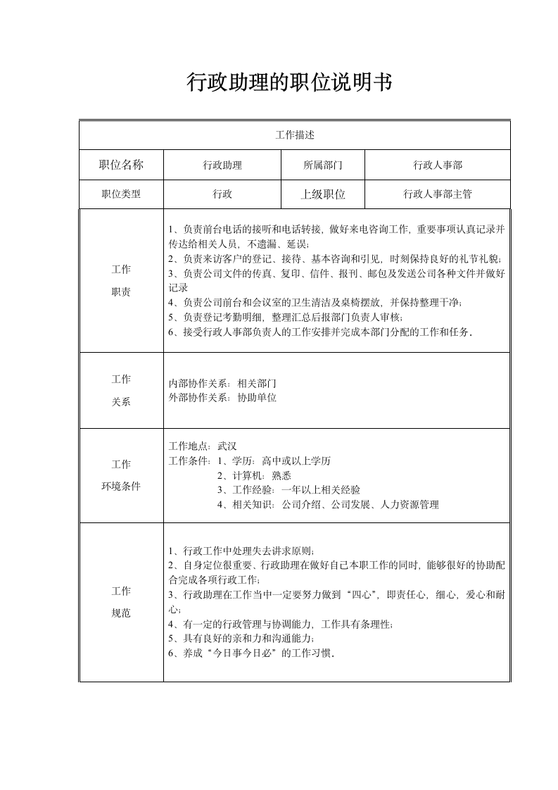 行政助理的职位说明书.wps第1页