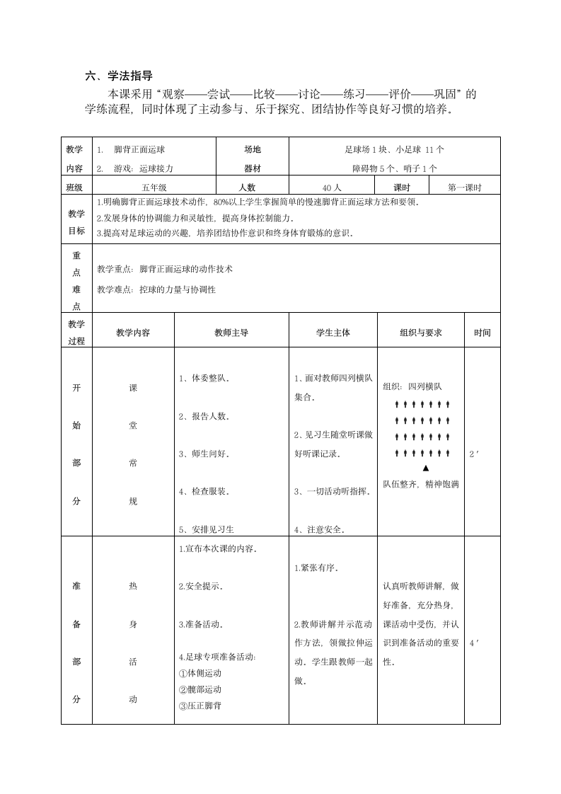 足球：脚背正面运球与游戏：运球接力（教案） 体育与健康五年级上册（表格式）.doc第2页