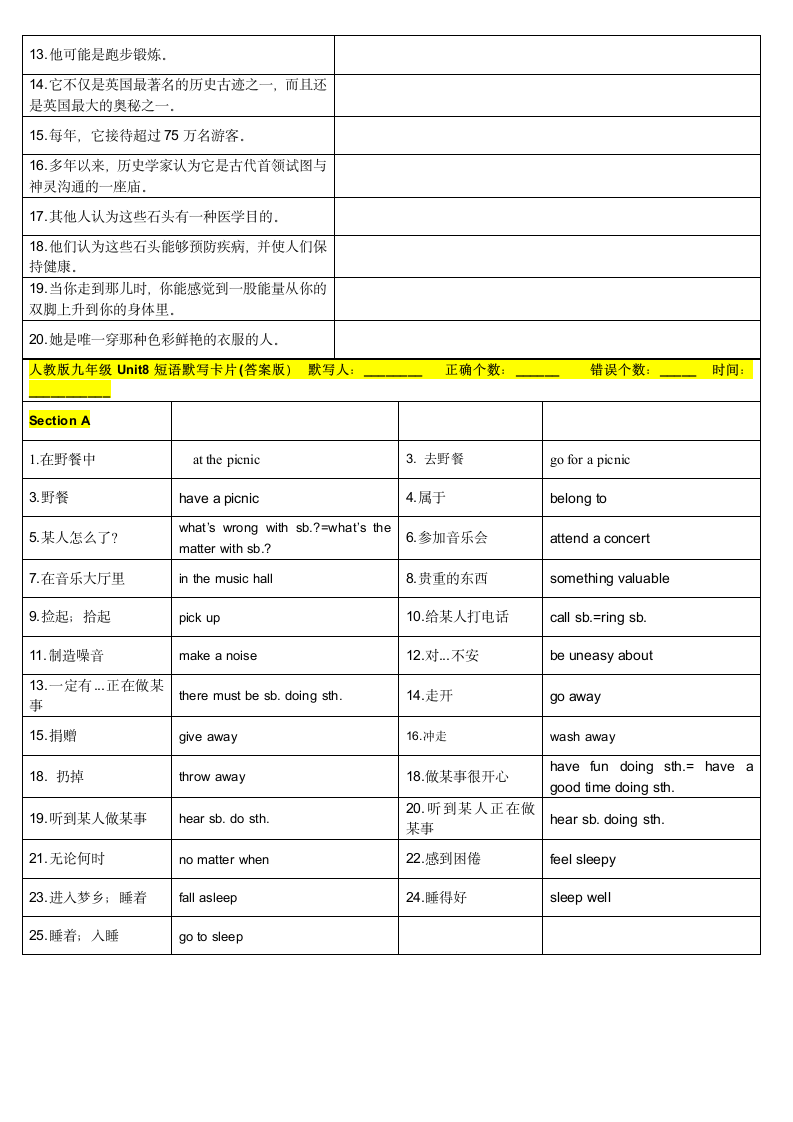 人教版英语九年级全册 Unit 8 重点短语，词性变型，重点句子默写卡片汉译英（含答案）.doc第3页