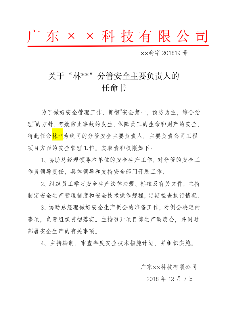 关于分管安全主要负责人的任命书.docx第1页